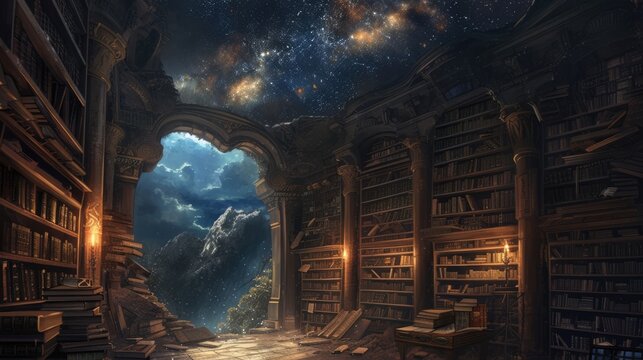 An ancient library filled with magical books, glowing orbs, and mystical artifacts. Shelves reach up to a high, vaulted ceiling, with soft light filtering through stained glass windows. Resplendent.