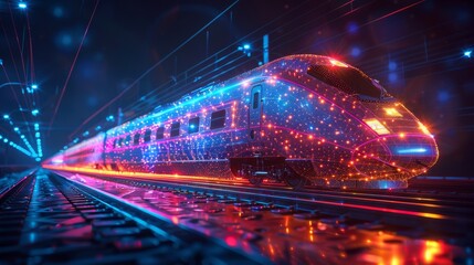Fototapeta na wymiar Detailed 3D moving high-speed train in dark blue. Logistics, tourism and technology concept. An abstract modern mesh looks like a starry night sky. Digital low poly wireframe with connected dots.