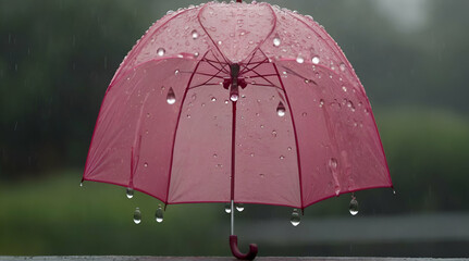 Close-up of a pink cropped umbrella with raindrops on a blurred background of overcast gloomy fall weather.generative.ai