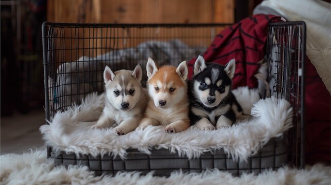 3 Husky puppies, various styles, many colors