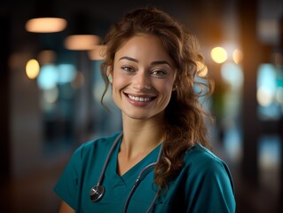 Fototapeta premium A woman in a green scrubs is smiling and looking at the camera
