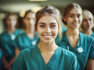 A group of women wearing green scrubs are smiling for the camera - obrazy, fototapety, plakaty