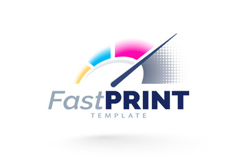 Logo Fast Print. Speedometer colored CMYK. Express printing theme. Template design vector. White background.