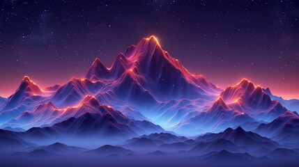 A landscape with geometric peaks and a starry sky for a digital night. Low poly wireframe modern illustration with a 3D effect. The illustration has been connected with dots.