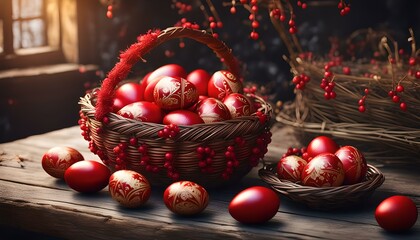 Orthodox Easter red dyed eggs in a straw basket on the table  - obrazy, fototapety, plakaty