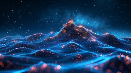 On top of a mountain is a digital target. Abstract business goal and success concept. Road to success. High poly wireframe illustration. Leadership metaphor on blue technology background. - obrazy, fototapety, plakaty