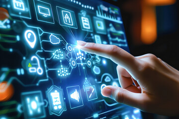 Hands programming or setting up smart home automation. Smart control panel display.