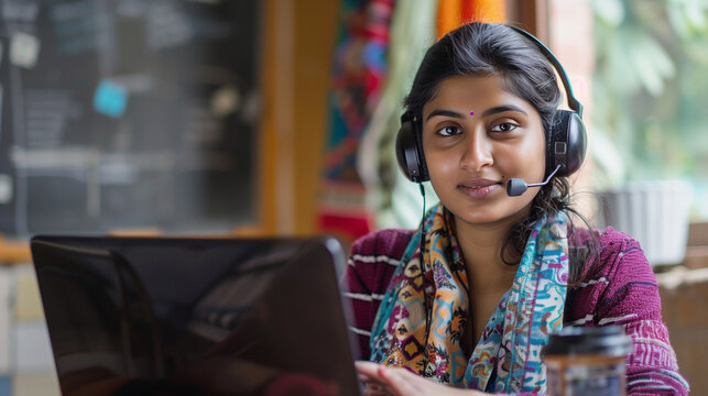 In the comfort of her home, a South Asian customer service representative diligently assists customers while wearing a headset and utilizing her laptop.