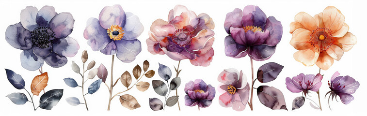 Big set of watercolor flowers and leaves
