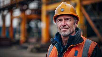 A man in a yellow hard hat and orange vest stands in front of a building