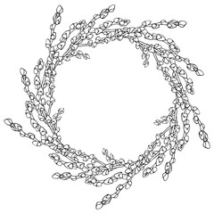 Easter catkins spring wreath. Willow ink hand drawn branch for design of card, invitations, coloring book, scrapbook.Vector isolate on white background.