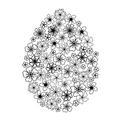 Easter egg flower background, hand drawn floral elements for spring holiday. Black and white line art compositions for coloring page. Vector illustrations for card or invitations