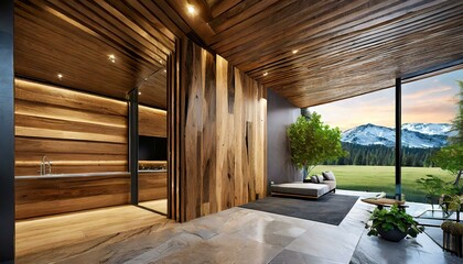 modern house interior.a captivating 3D representation showcasing the integration of modern luxury house panels into a chic interior space, complemented by a striking wood wall. Emphasize the clean lin