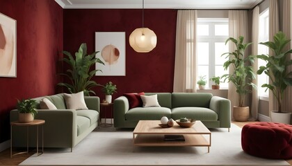 Create a minimalist living room with a touch of modern elegance. Incorporate warm earth tones such as rich red, creamy beiges, and soft greens. Mix different textures like plush velvet, circuit board 