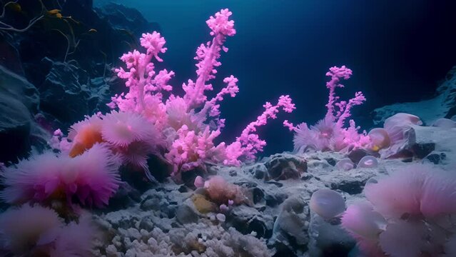 A delicate coral reef blooms underneath the frozen ocean its vibrant hues providing a striking contrast to the frozen surroundings. A myriad of creatures call this thriving