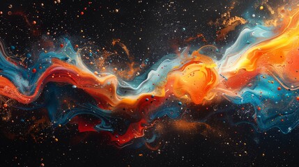  An abstract artwork composed of blue, orange, and yellow swirls against a dark canvas, featuring water droplets and bubbles