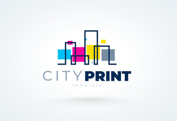 Logo City Print СMYK Polygraphy theme. Silhouette Buildings lines and squares style. Template design vector. White background.
