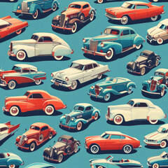 A blue and white background with a variety of vintage cars. The cars are all different colors and styles, including a red convertible and a blue sedan