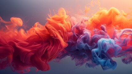  A rainbow of colored smoke swirls in a vibrant liquid mixture of blue, orange, and red, submerged in water