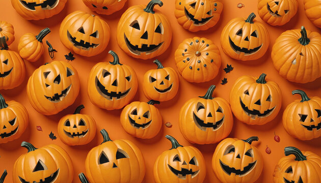Halloween pumpkins on an orange background with top space for text colorful background
