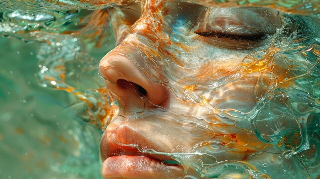  A close-up photograph depicts the face of a woman submerged in a body of water with orange and green bubble formations surrounding her