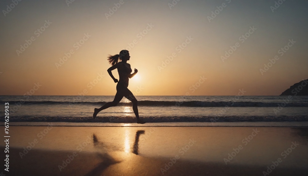 Wall mural 
silhouette woman exercising on the shore of a beach at sunset