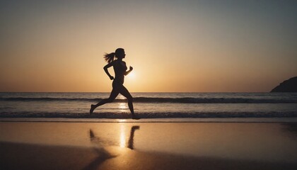 
silhouette woman exercising on the shore of a beach at sunset