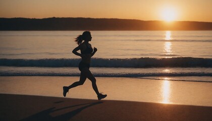 silhouette of woman jogging at sunset on the beach
