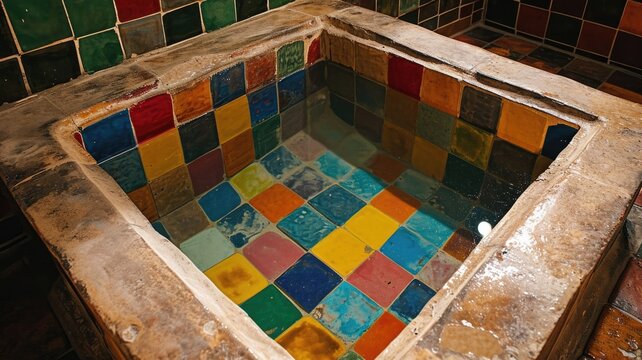 The picture of the colorful multiple tiles that has been use on the ground inside of the building that has been taken in the daytime of the bright day of the sun in the morning of the years. AIGX01.