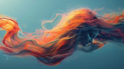  Orange-red haired woman's portrait on blue canvas with hair motion - obrazy, fototapety, plakaty