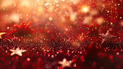 Golden Glitter and Stars on Vintage Red Christmas Abstract Background