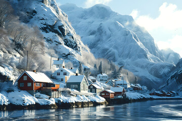 snow covered lonely wooden house on a frosty winter. winter houses on the shore of a lake against the backdrop of mountains