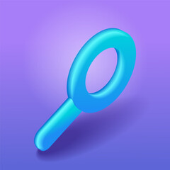 3D Isometric illustration, Cartoon. Blue magnifier on a purple background. The concept of online search. Vector icons for website