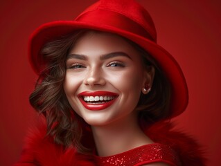 A woman wearing a red hat and red dress is smiling