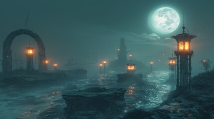 Lunar Lantern beacons signal through the fog of Twilight Tornadoes - obrazy, fototapety, plakaty