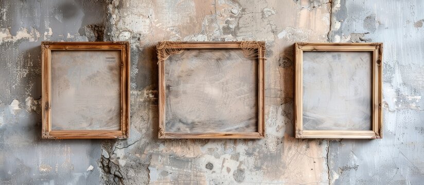 Three brown wooden frames displayed on a textured wall, serving as an exhibition template for decorative mock-ups.