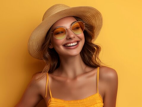 A woman wearing a yellow hat and sunglasses is smiling