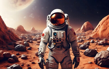 An astronaut in a space suit standing on a rocky surface on the moon, Astronaut in space - Powered by Adobe