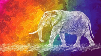  An image of an elephant against a colorful backdrop, with rainbow lines superimposed - obrazy, fototapety, plakaty