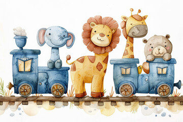 Cartoon train with giraffe, elephant, lion and hippopotamus; watercolor hand drawn illustration; with white isolated background, watercolor illustration  - obrazy, fototapety, plakaty