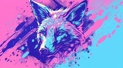 Fototapeta premium Colorful wolf drawing on pink-blue-pink background with splats of paint