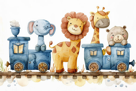 Cartoon train with giraffe, elephant, lion and hippopotamus; watercolor hand drawn illustration; with white isolated background, watercolor illustration 