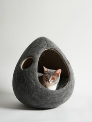 a cat cave made out of natural dark grey felt fabric