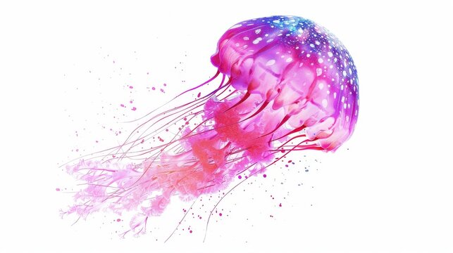  A macro image of a jellyfish with blue and pink paint splatters covering its body and head