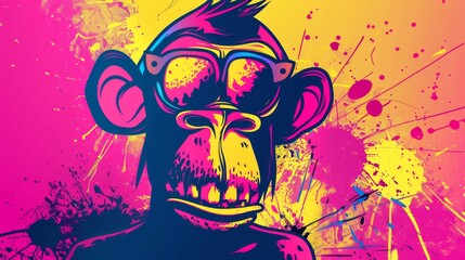  Drawing of monkey wearing glasses, colorful background with splashes