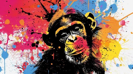  Monkey portrait with splatters, colorful background