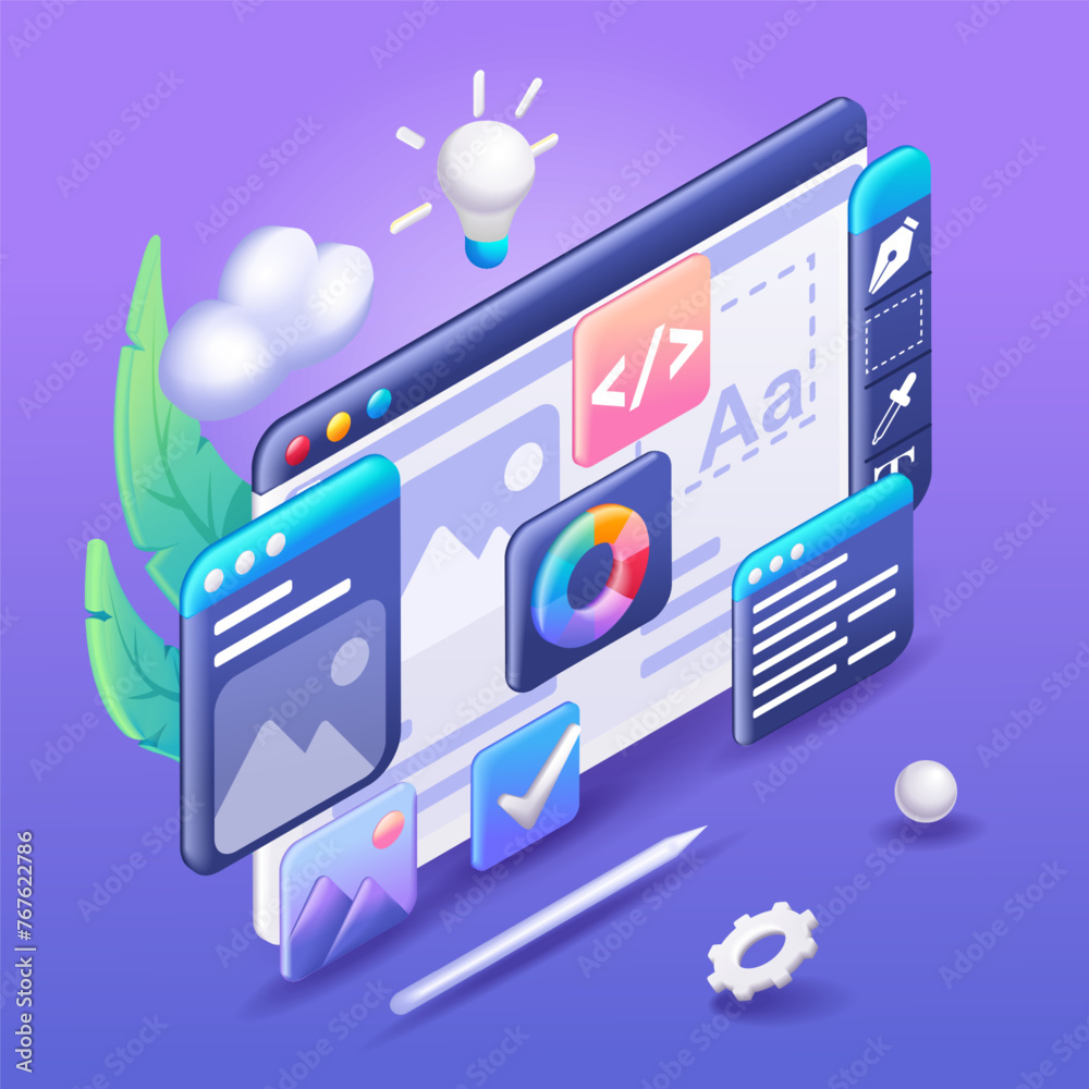 Poster 3D Isometric illustration, Cartoon. Web UI-UX design, web development concept. Web design, application design, coding, and web building. Vector icons for website