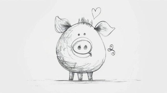  A monochrome image depicting a swine with a love symbol on its snout and an insect on its beak