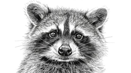  A black and white depiction of a raccoon staring at the lens, appearing dejected