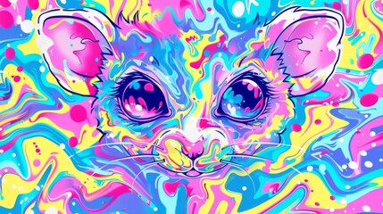  Close-up of a mouse in a pink, blue, yellow, and pink painting with numerous bubbles